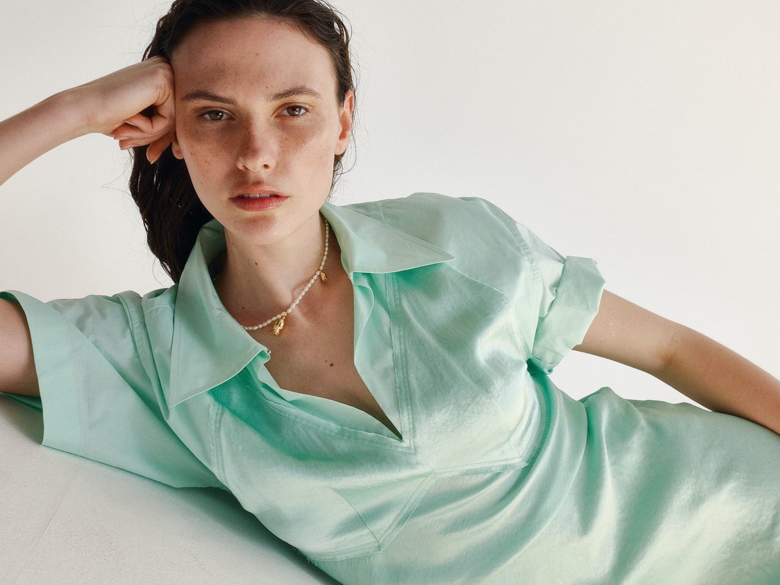 Oversized Mint Green Silk-Like Shirt, Pearl Necklace With Gold Charms — Simple Photoshoot Outfits