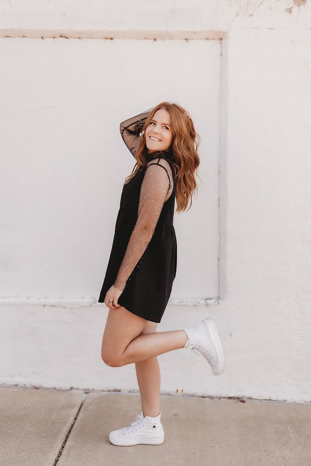 Sparkly Sleeve Mini Dress and Sneakers, Close-Up Take — Simple Photoshoot Outfits