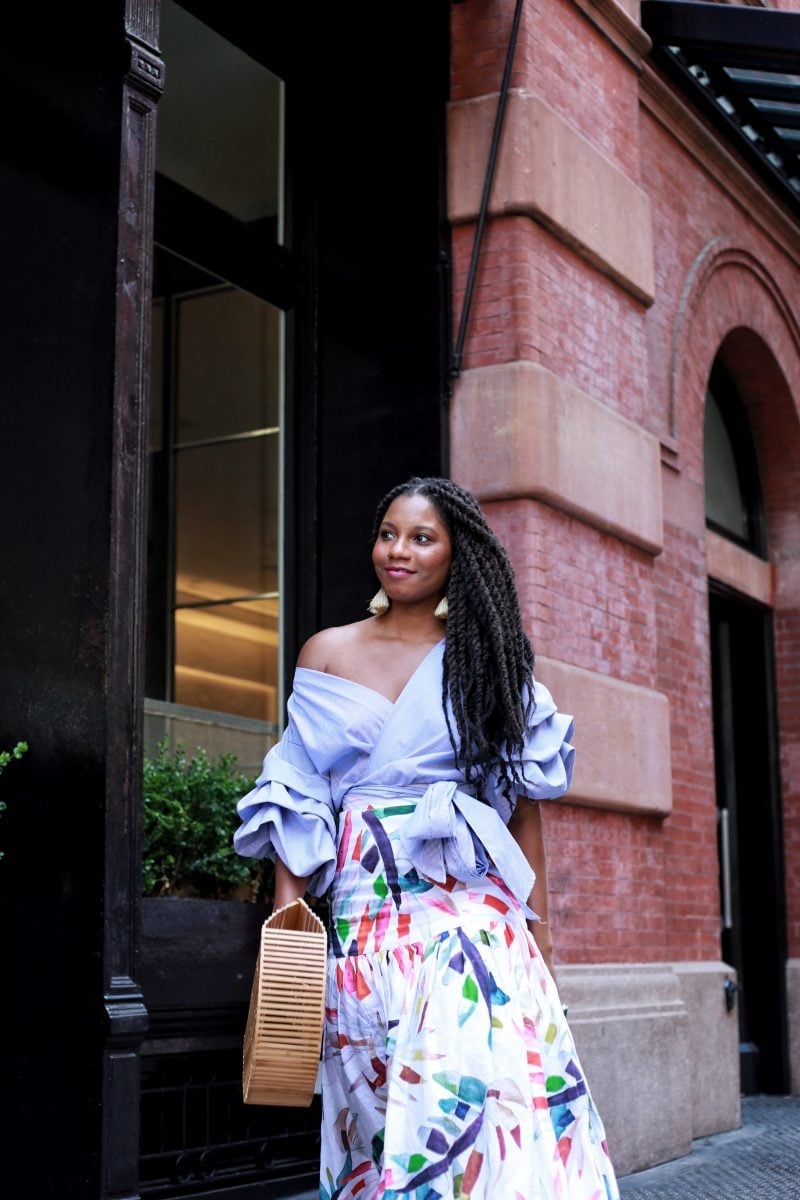Tiered Skirt with Abstract Print, Off-Shoulder Ruffled Blouse — Simple Photoshoot Outfits