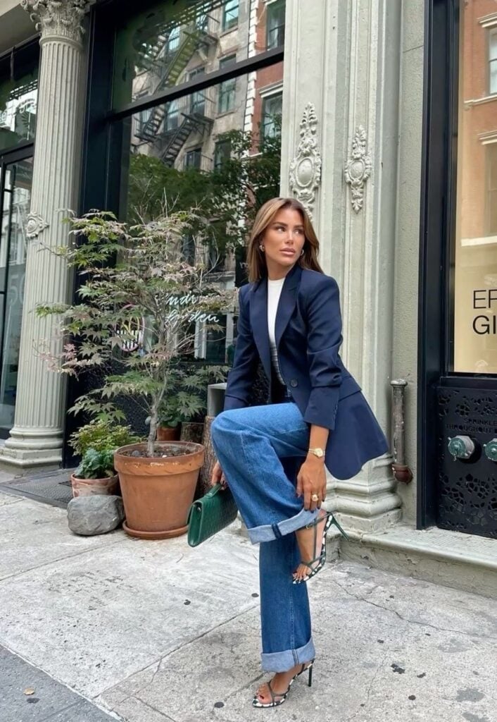 Navy Blazer with Cuffed Wide Leg Jeans, Close-Up Take — Simple Photoshoot Outfits