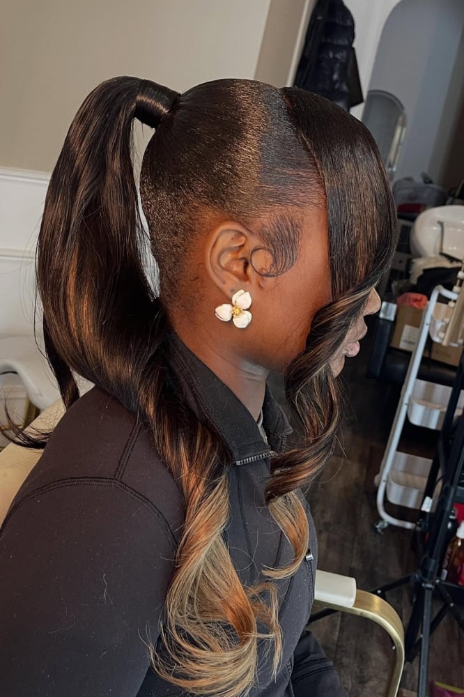 Dark Brown Ponytail With Blonde Highlights and Swoop — Simple Ponytail with Swoop