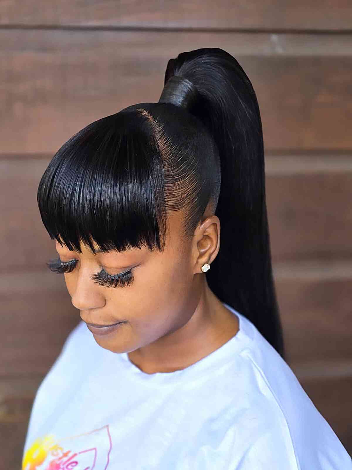 High Sleek Ponytail With Blunt Curtain Bangs — Simple Ponytail with Swoop