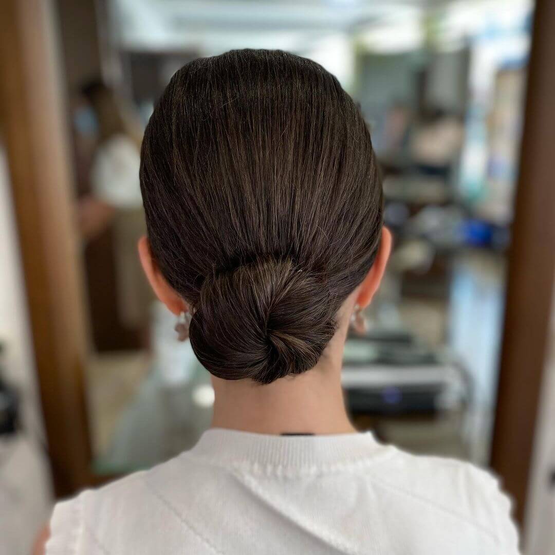 Smooth Dark Brown Collarbone Low Bun — Simple Professional Hairstyles