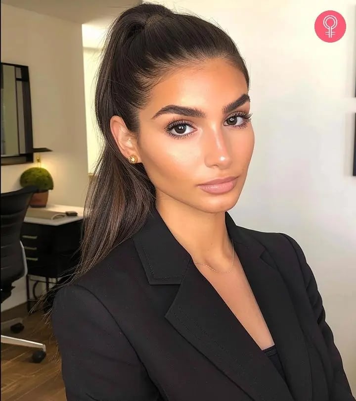 Dark Brown Mid-Back Sleek High Ponytail, Wavy — Simple Professional Hairstyles