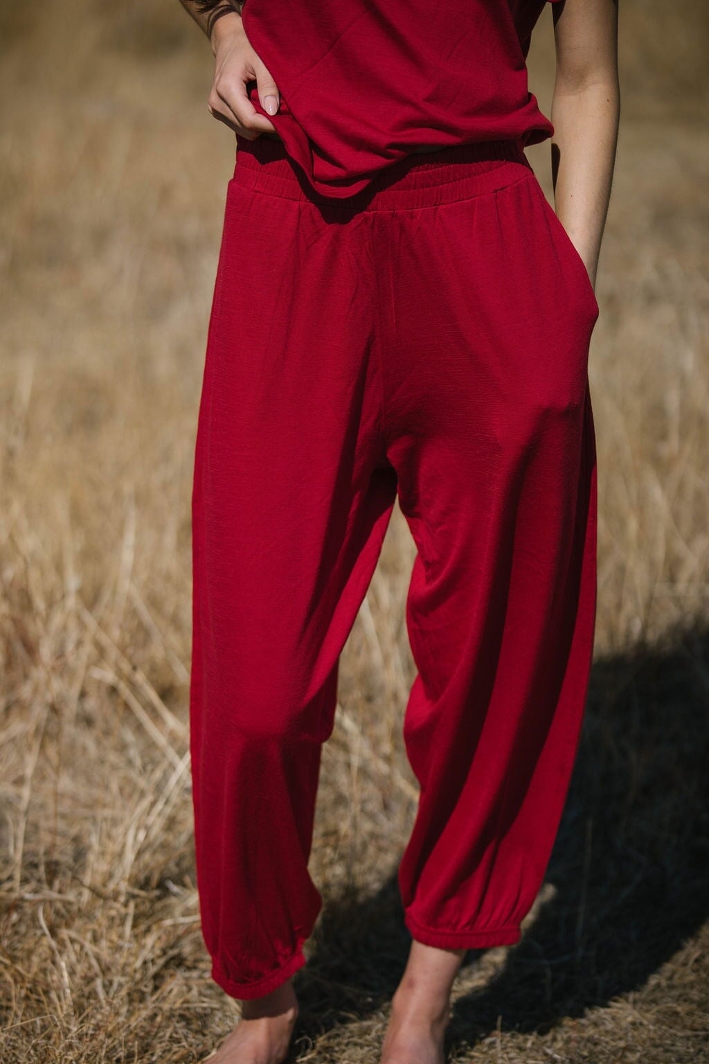 Deep Red Balloon Leg Trousers for Loungewear, Merino Wool Blend Deep Red Balloon Leg Trousers for Loungewear, Merino Wool Blend — Simple Red Pants Outfits
