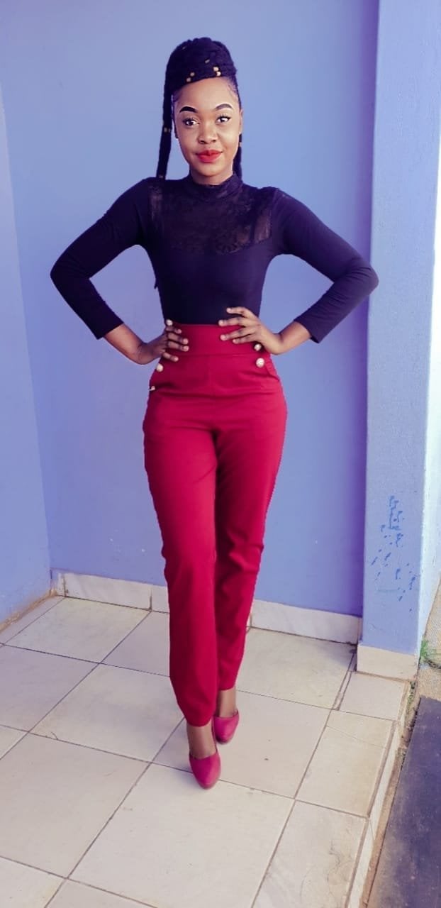 Fitted Red Trousers with Lace Top, Close-Up Take Fitted Red Trousers with Lace Top, Close-Up Take — Simple Red Pants Outfits