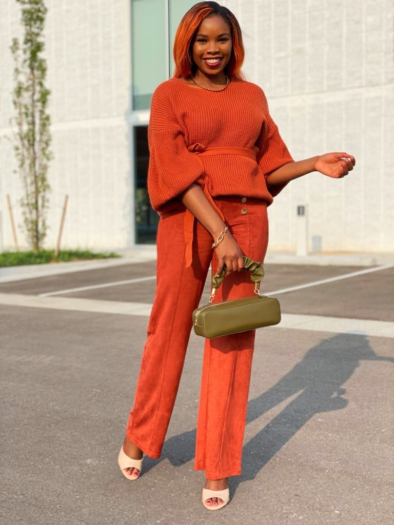 Orange Wide-Leg Trousers with Cropped Sweater, Open-Toe Heels Orange Wide-Leg Trousers with Cropped Sweater, Open-Toe Heels — Simple Red Pants Outfits