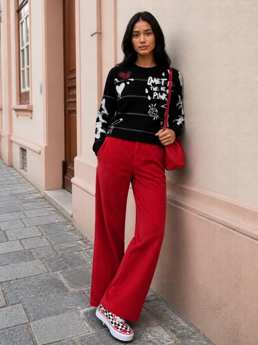 Red Corduroy Trousers with Graphic Sweater Red Corduroy Trousers with Graphic Sweater — Simple Red Pants Outfits