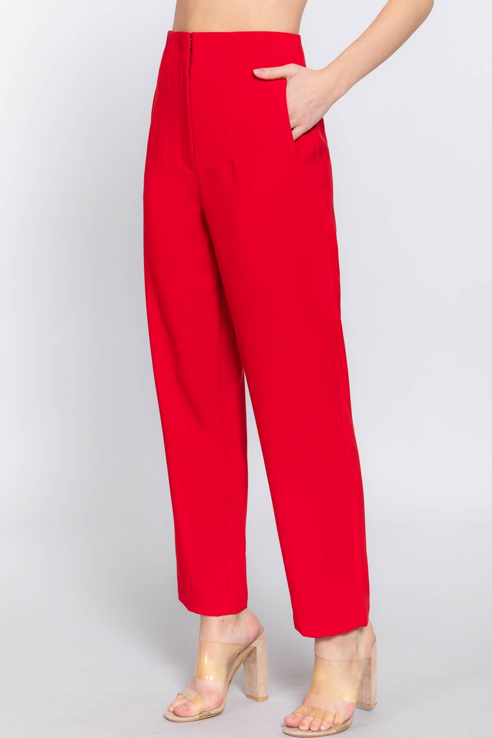 Bright Red Straight-Leg Trousers Detail Bright Red Straight-Leg Trousers Detail — Simple Red Pants Outfits