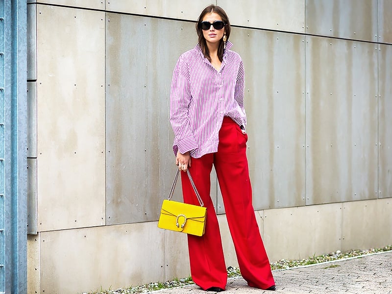 Vibrant Red Wide-Leg Pants with a Striped Shirt Vibrant Red Wide-Leg Pants with a Striped Shirt — Simple Red Pants Outfits
