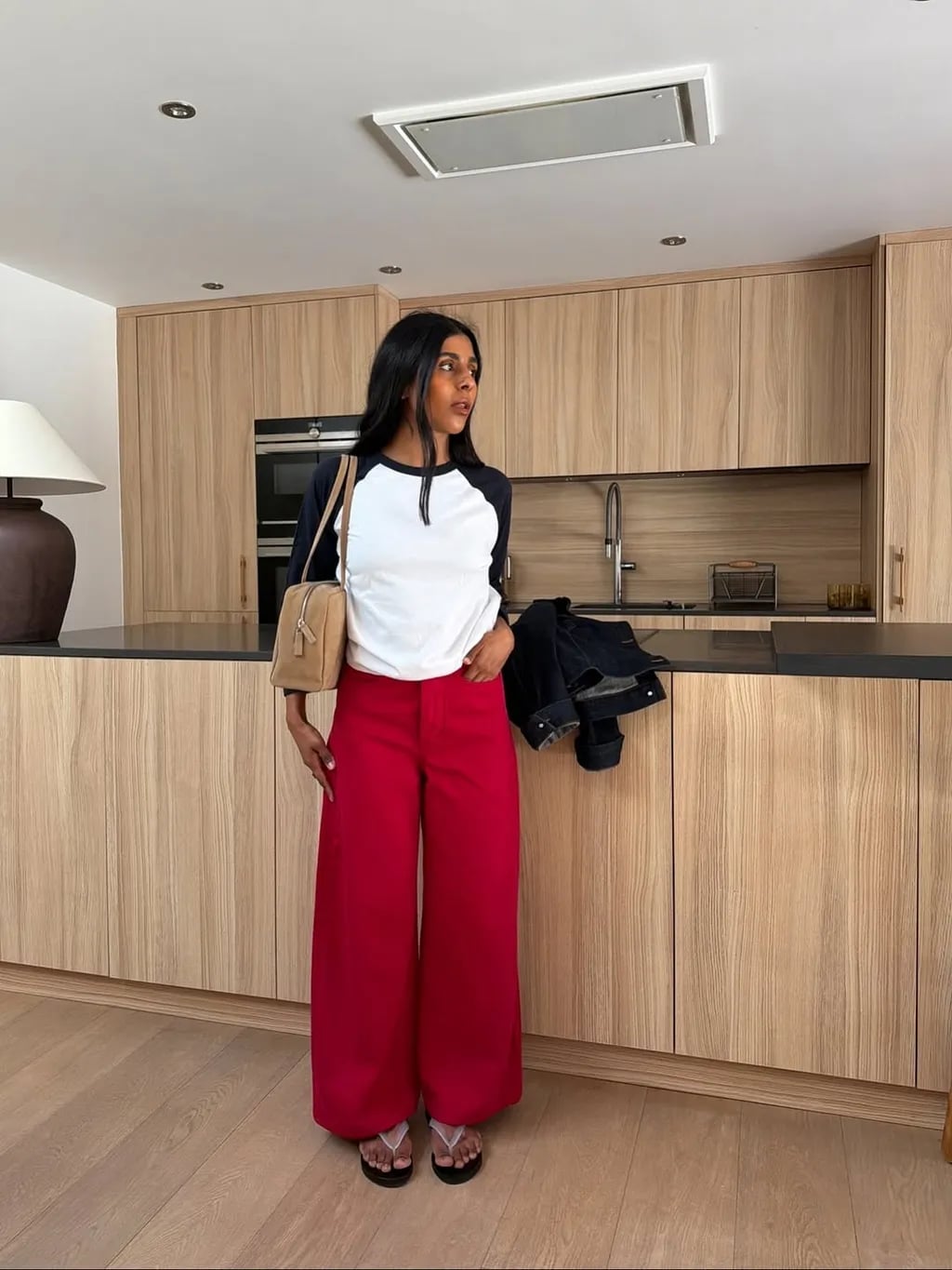 Red Wide-Leg Trousers with Baseball Tee Red Wide-Leg Trousers with Baseball Tee — Simple Red Pants Outfits