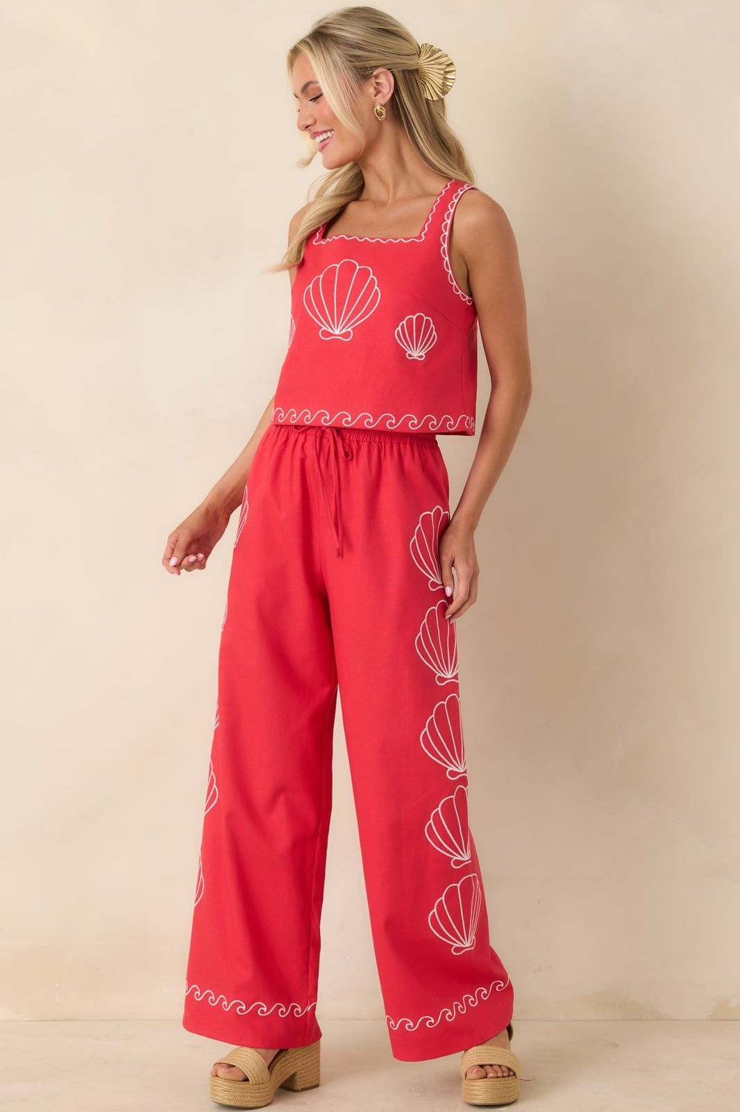 Embroidered Red Trousers with Matching Top Embroidered Red Trousers with Matching Top — Simple Red Pants Outfits