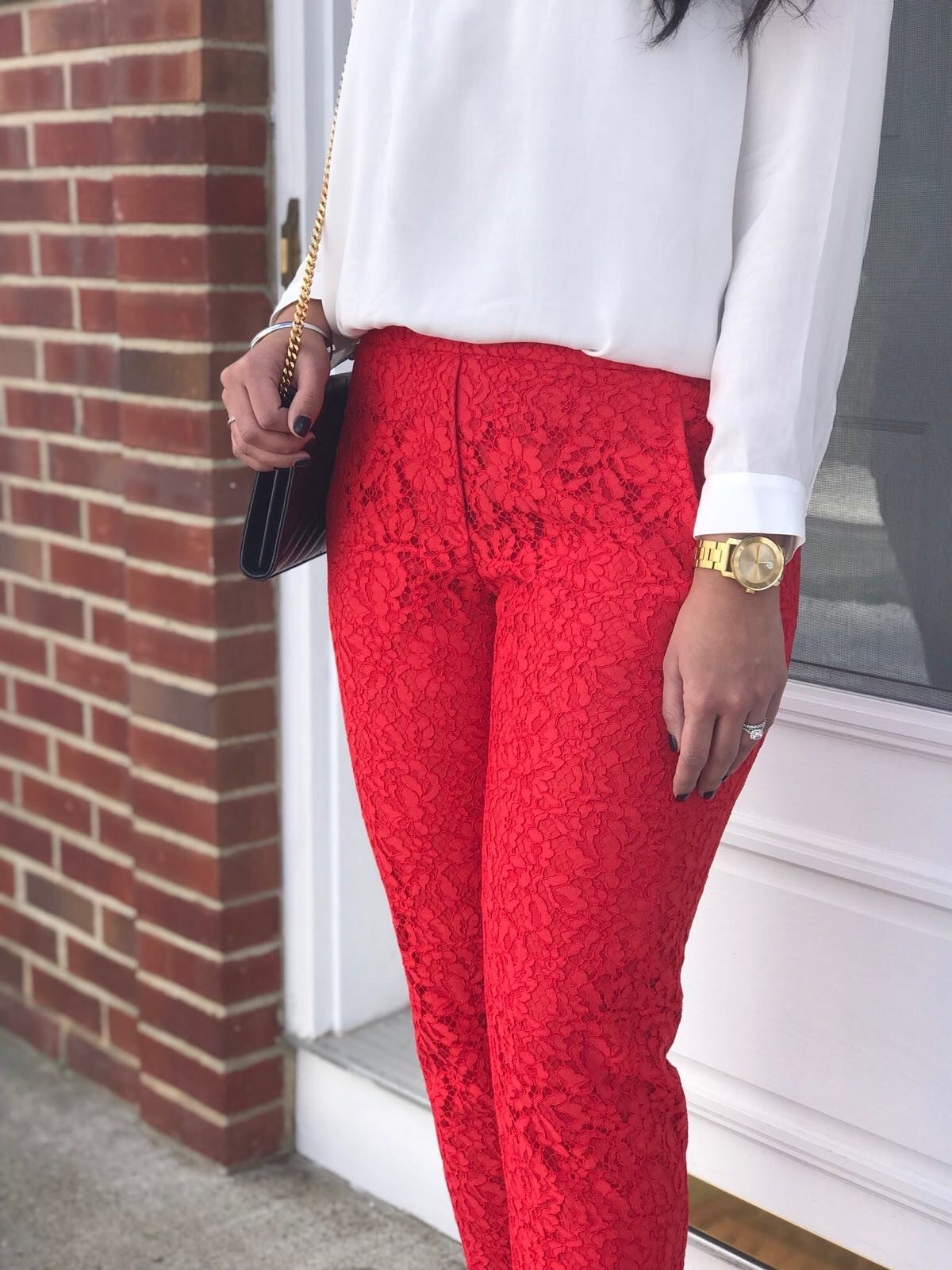Red Lace Slim-Fit Trousers with Silk Blouse, Close-Up Take Red Lace Slim-Fit Trousers with Silk Blouse, Close-Up Take — Simple Red Pants Outfits