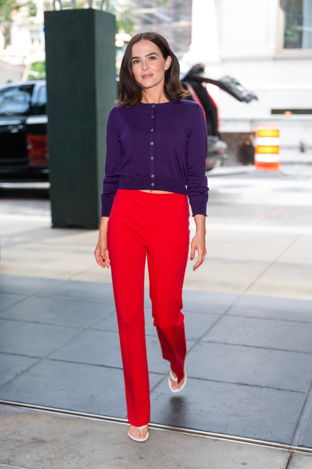 Bright Red Trousers with Purple Cardigan, White Flip-Flops Bright Red Trousers with Purple Cardigan, White Flip-Flops — Simple Red Pants Outfits