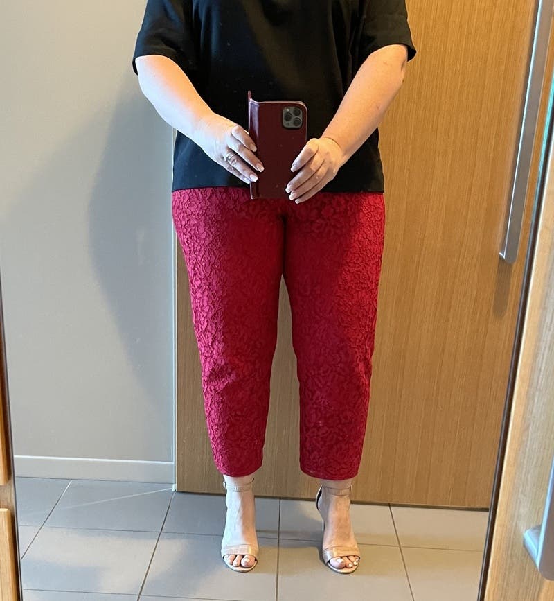 Textured Red Lace Trousers with Black T-Shirt, Strappy Heeled Sandals Textured Red Lace Trousers with Black T-Shirt, Strappy Heeled Sandals — Simple Red Pants Outfits