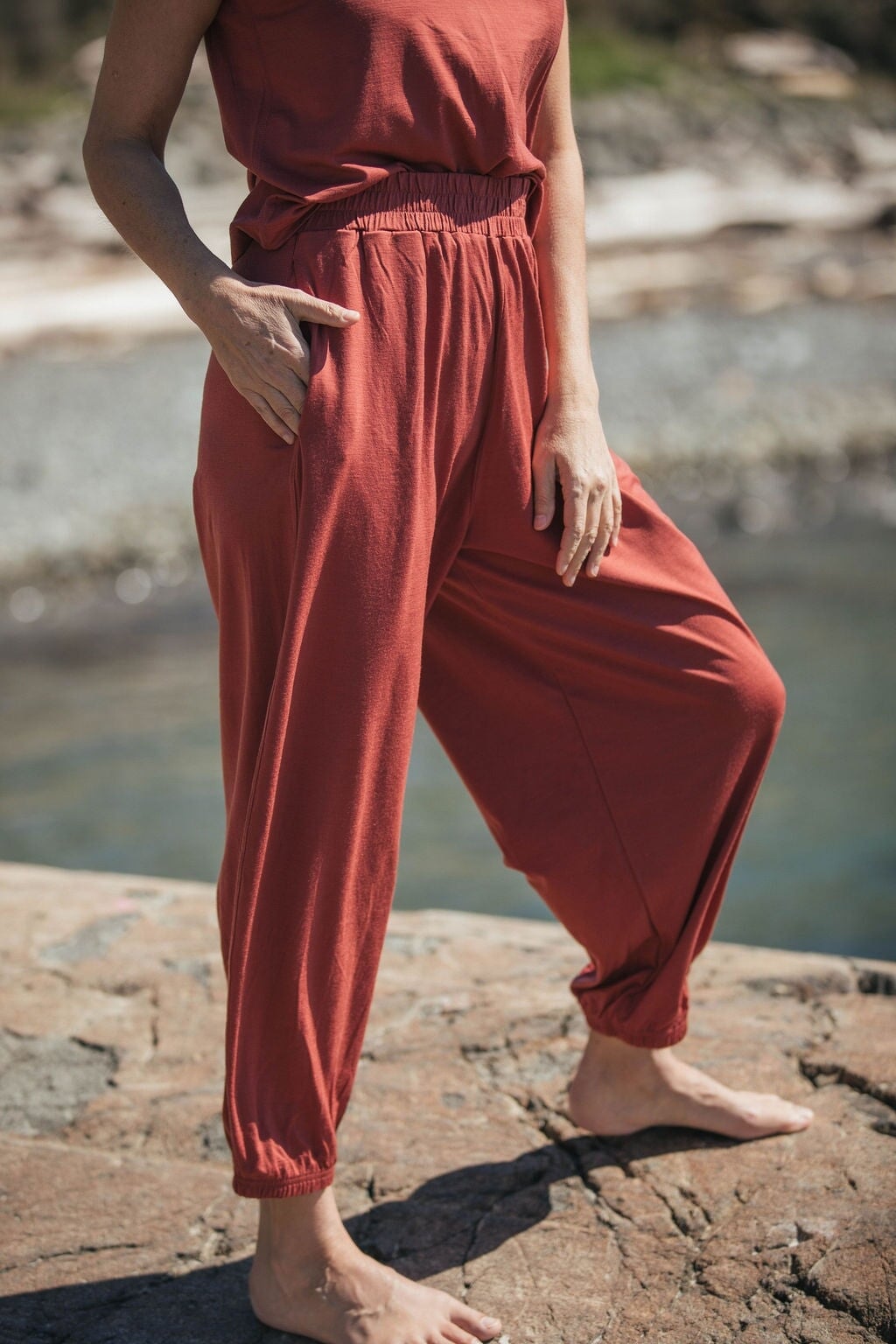 Rust Red Balloon Leg Trousers Rust Red Balloon Leg Trousers — Simple Red Pants Outfits