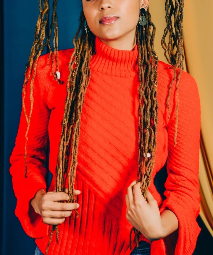 Beaded Mid-Back Brown Locs With Blonde Streaks — Simple Retwist Locs