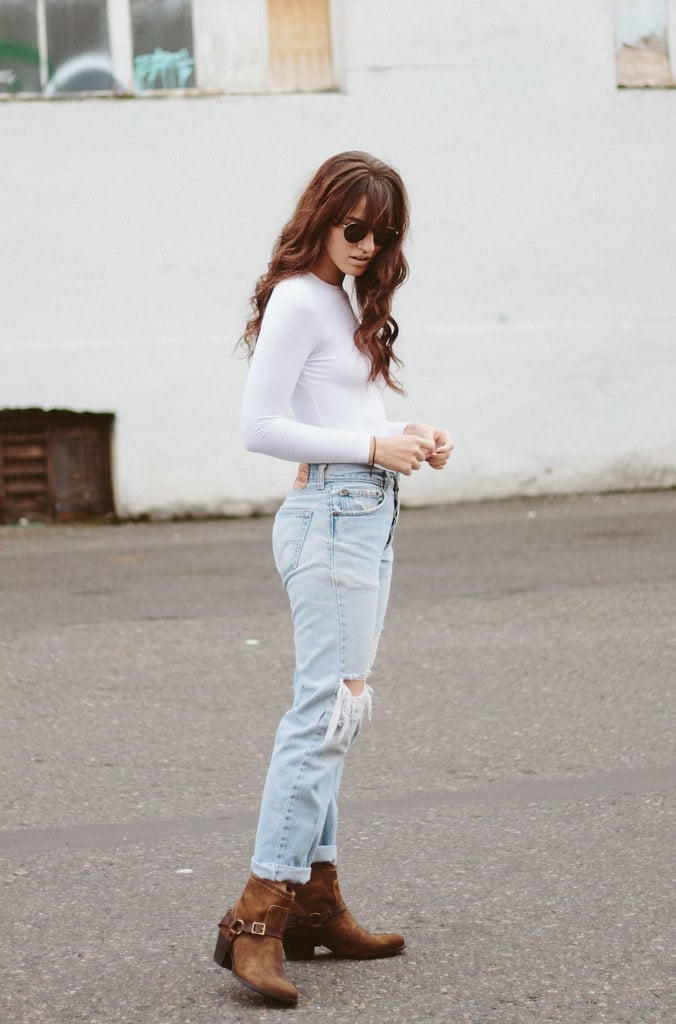 Ripped Straight Leg Jeans With Rolled Cuffs And Suede Boots — Simple Ripped Jeans Outfits
