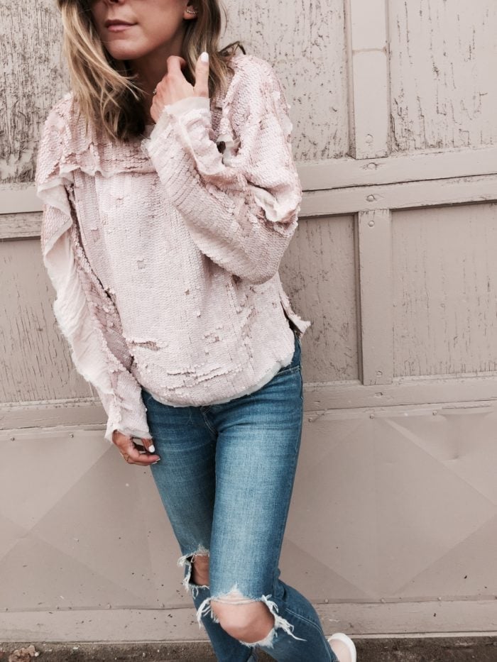 Ripped Light Wash Jeans With Distressed Sequined Top, Close-Up Take — Simple Ripped Jeans Outfits
