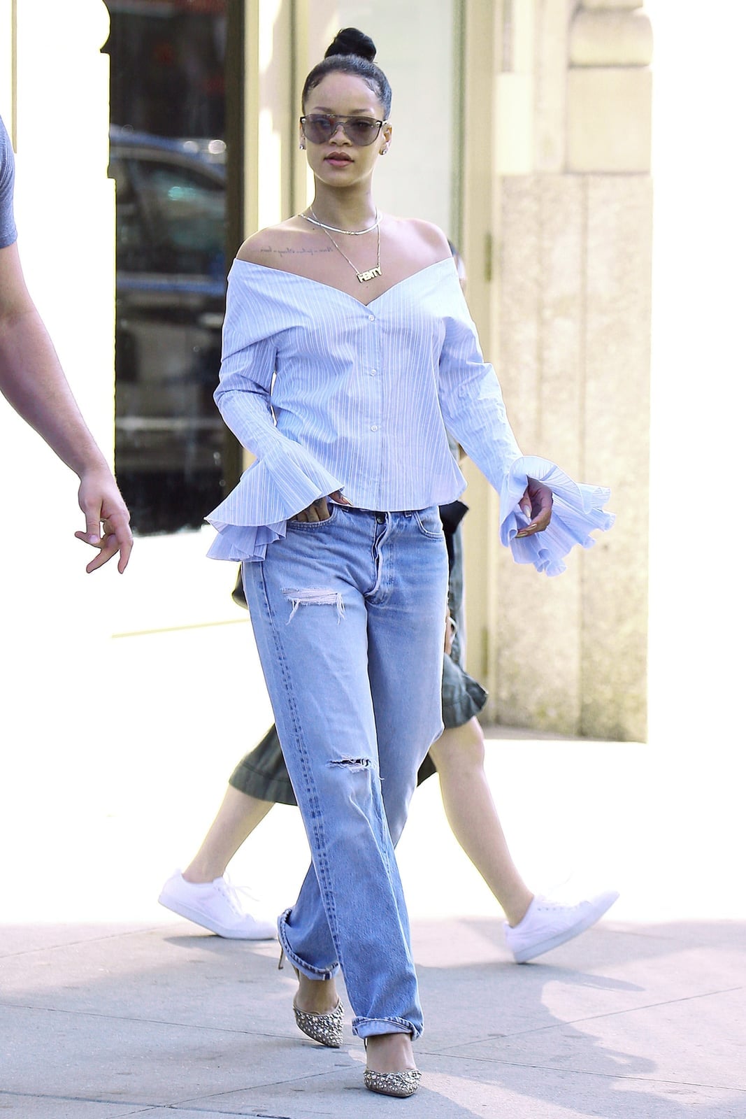 Light Wash Ripped Jeans With Off The Shoulder Top And Sparkly Heels — Simple Ripped Jeans Outfits