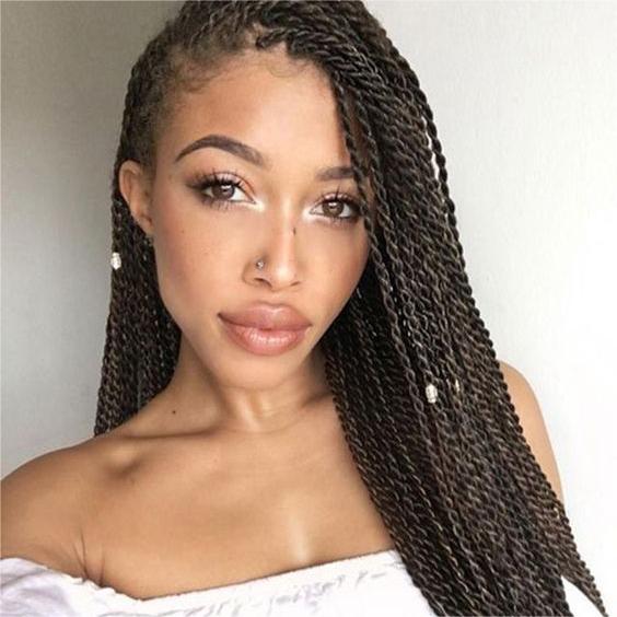 Collarbone Dark Brown Twists With Lighter Highlights — Simple Senegalese Twists