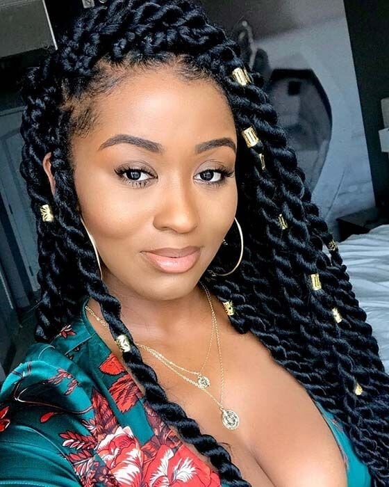 Shoulder Length Black Twists With Gold Beads — Simple Senegalese Twists