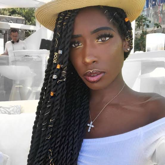 Black Mid-Back Twists With Gold Accents — Simple Senegalese Twists