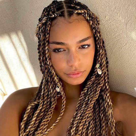 Collarbone Twists With Blonde Brown Highlights — Simple Senegalese Twists