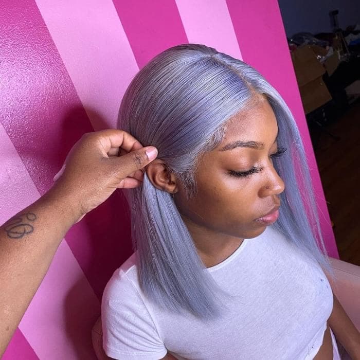 Collarbone Bob In Light Gray With Silver Highlights — Simple Sew in Hairstyles