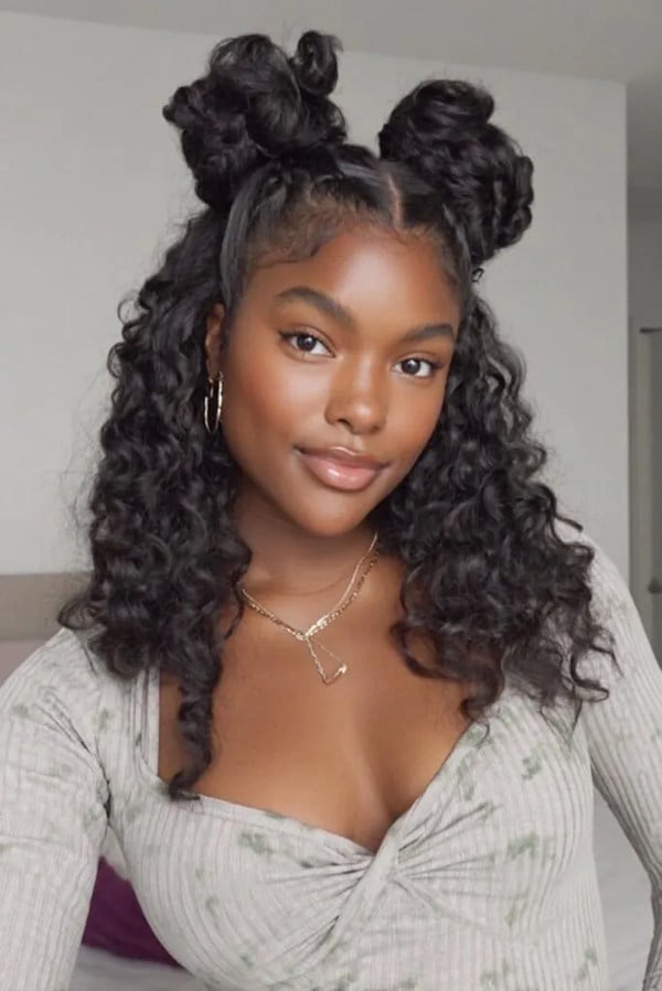 Shoulder Length Double Buns With Wavy Texture — Simple Sew in Hairstyles