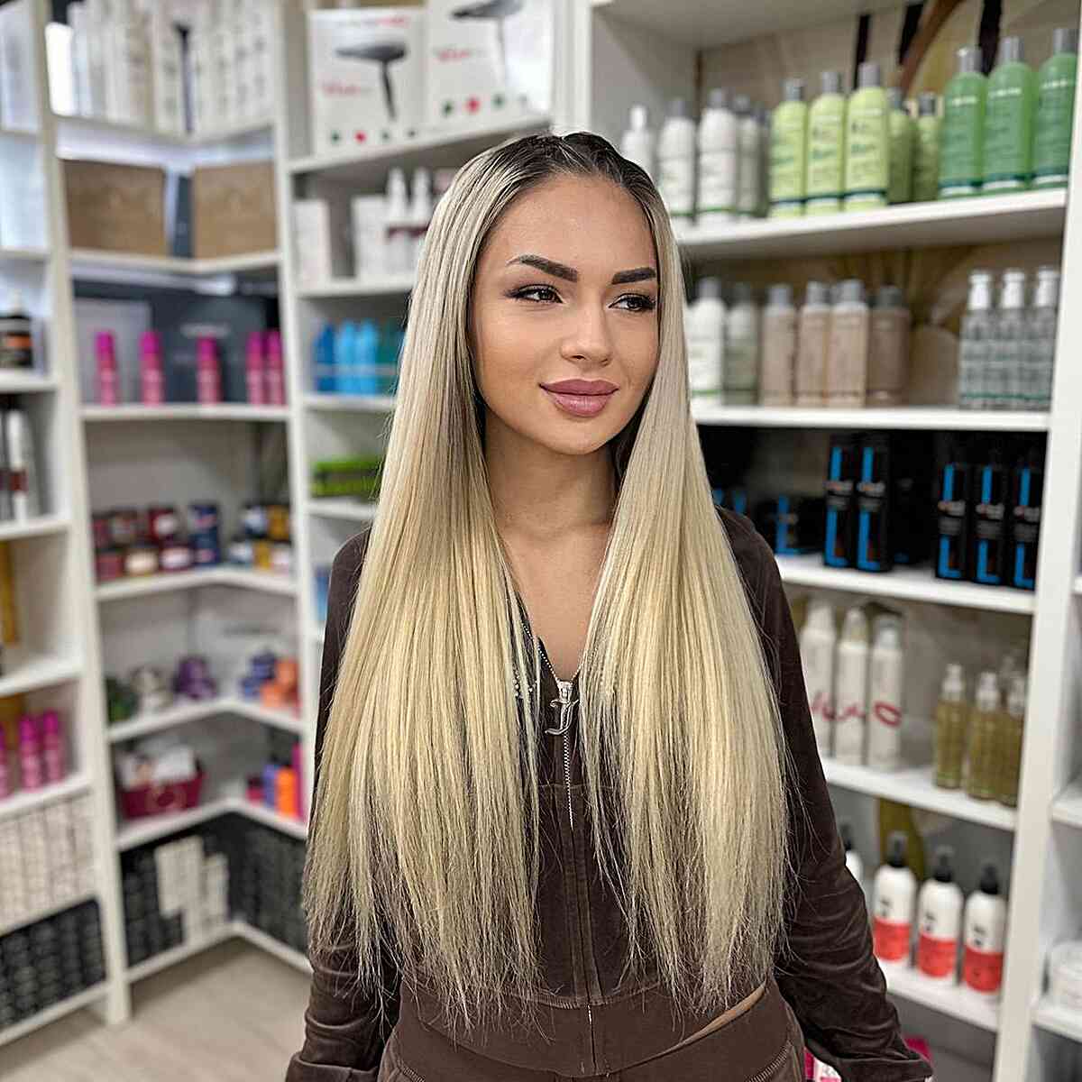 Straight Blonde Hair With Dark Shadow Root and Hoodie — Simple Shadow Root
