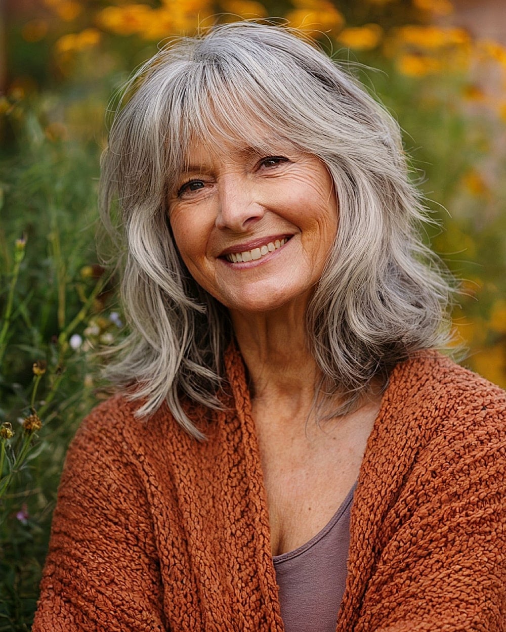 Shoulder Length Shag With Full Fringe In Silver Gray — Simple Shag Hair