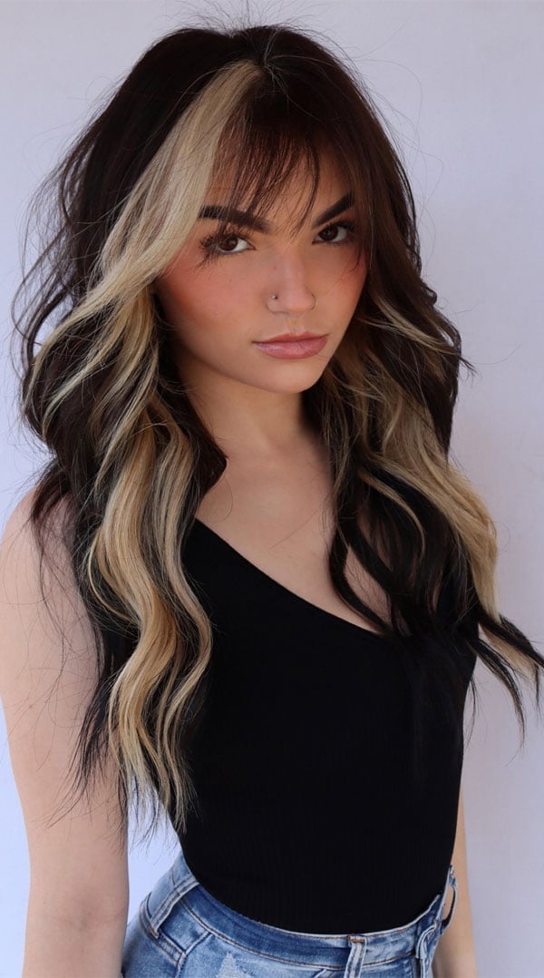 Collarbone Length Dark Brown Shag With Blonde Highlights — Simple Shag Hair