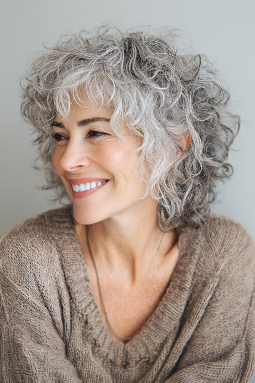 Short Curly Gray Shag With White Highlights — Simple Shag Hair