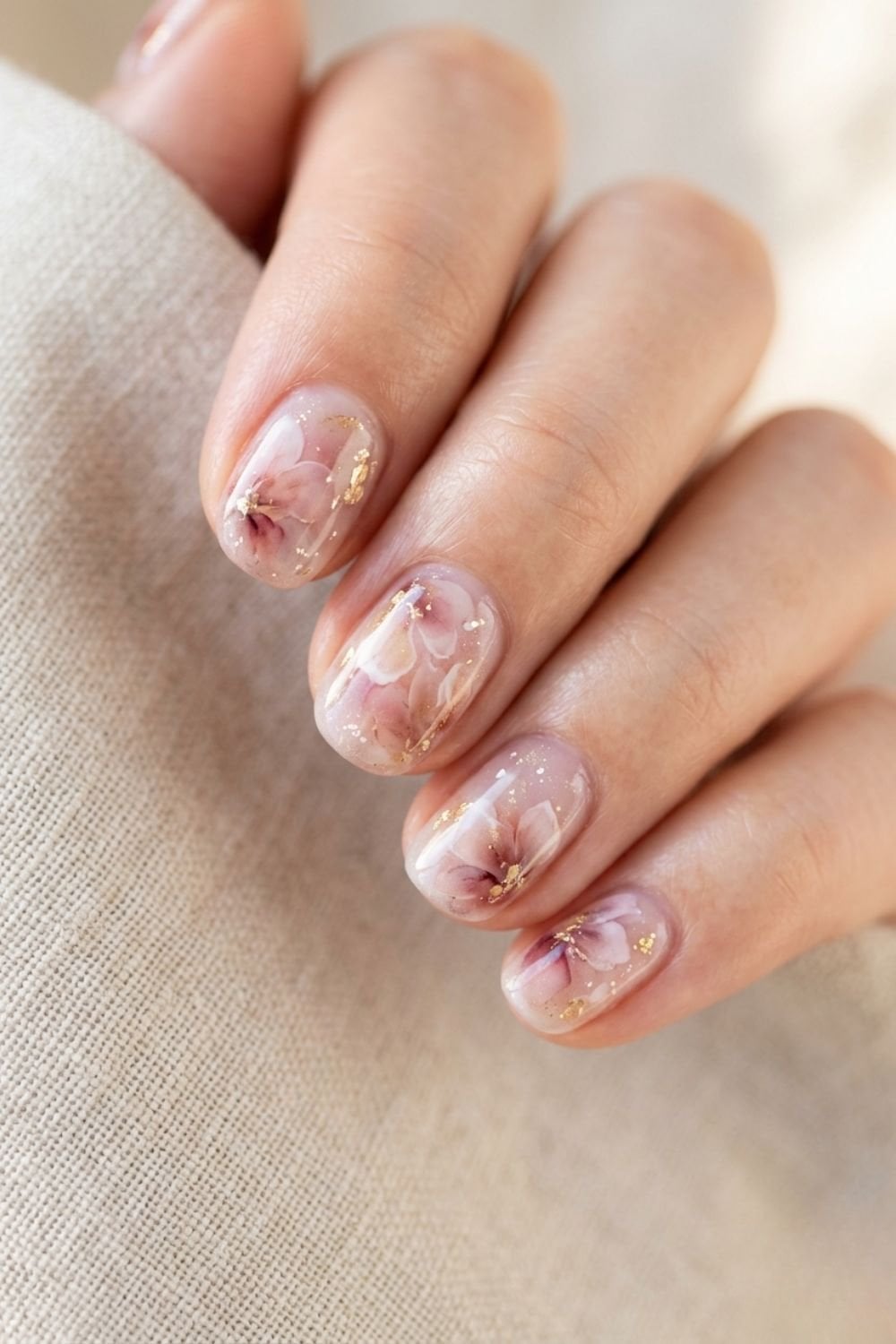 Sheer Pink Floral Gold Flake Short Oval Nails — Simple Short Nail Art