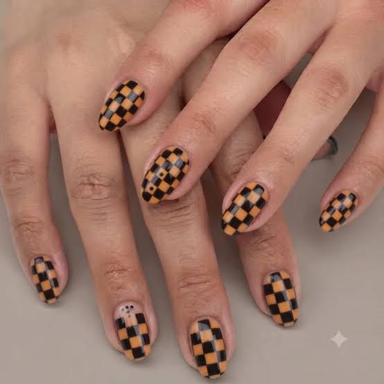 Orange and Black Checkerboard Short Oval Nails — Simple Short Nail Art