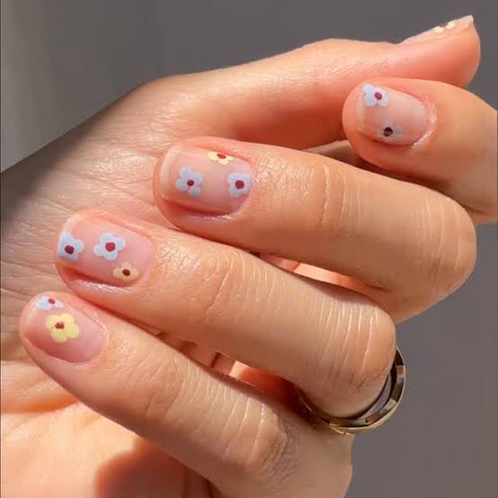 Sheer Pastel Floral Short Square Nails — Simple Short Nail Art