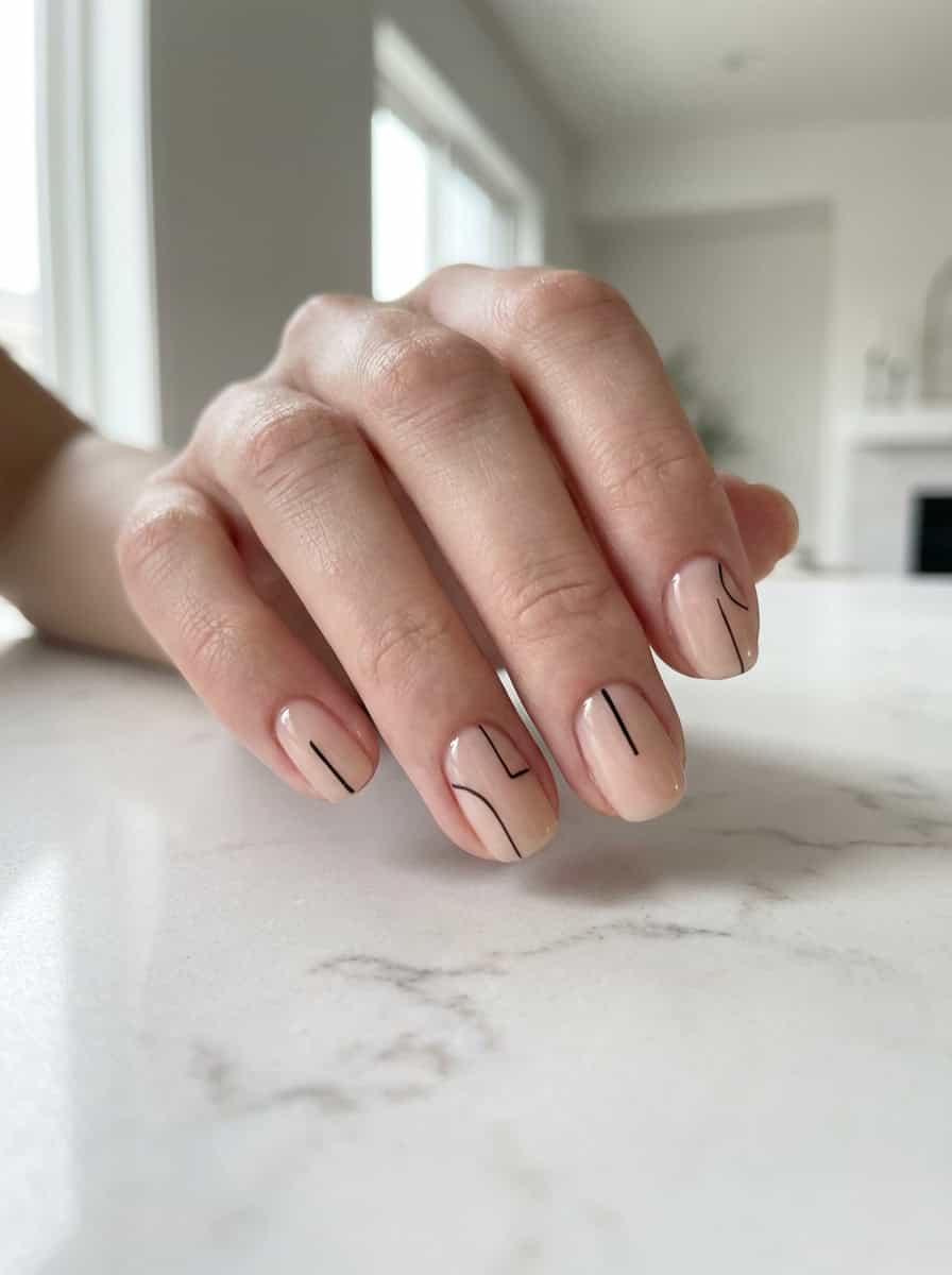 Sheer Nude Geometric Line Short Oval Nails — Simple Short Nail Art