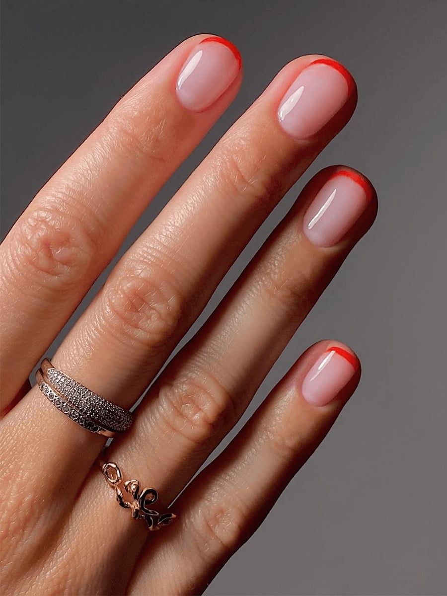 Sheer Pink Base Red French Tip Short Round Nails — Simple Short Nail Art