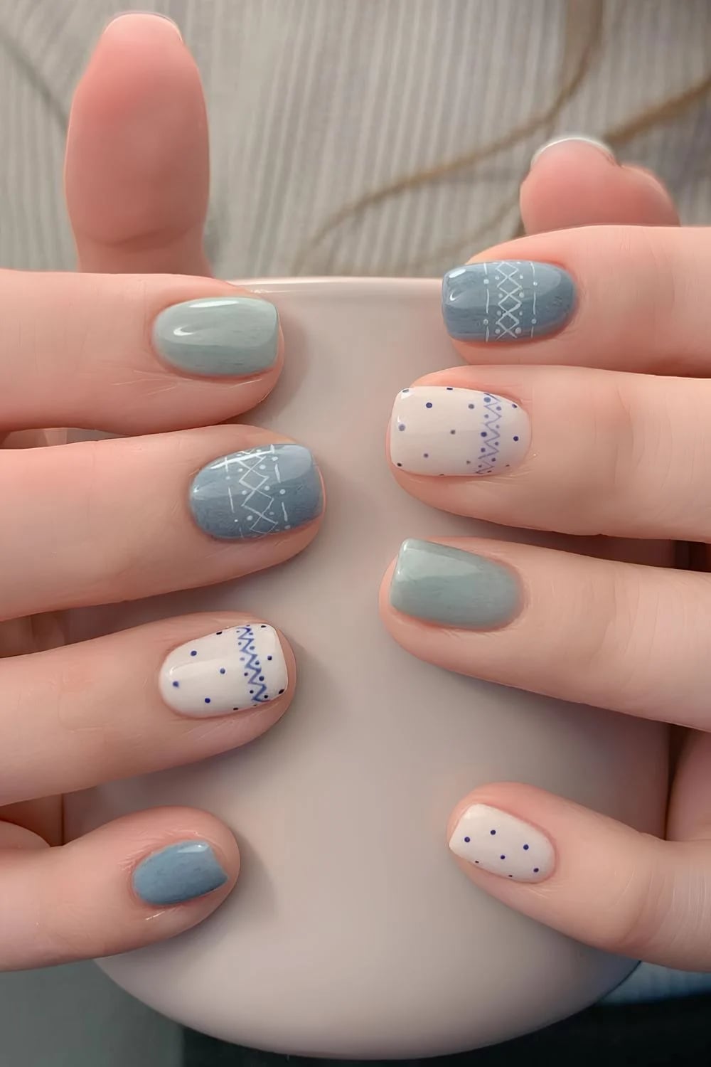 Muted Blue White Gray Geometric Pattern Short Square Nails — Simple Short Nail Art