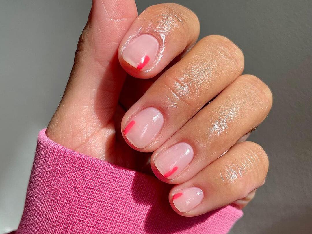 Sheer Pink Minimalist Red Line Short Square Nails — Simple Short Nail Art