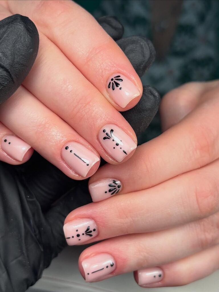 Light Pink Black Abstract Floral Dot Short Square Nails — Simple Short Nail Art