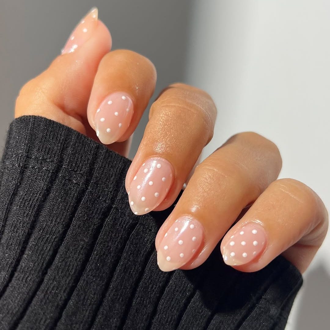 Sheer Pink Polka Dot Short Almond Nails — Simple Short Nail Art