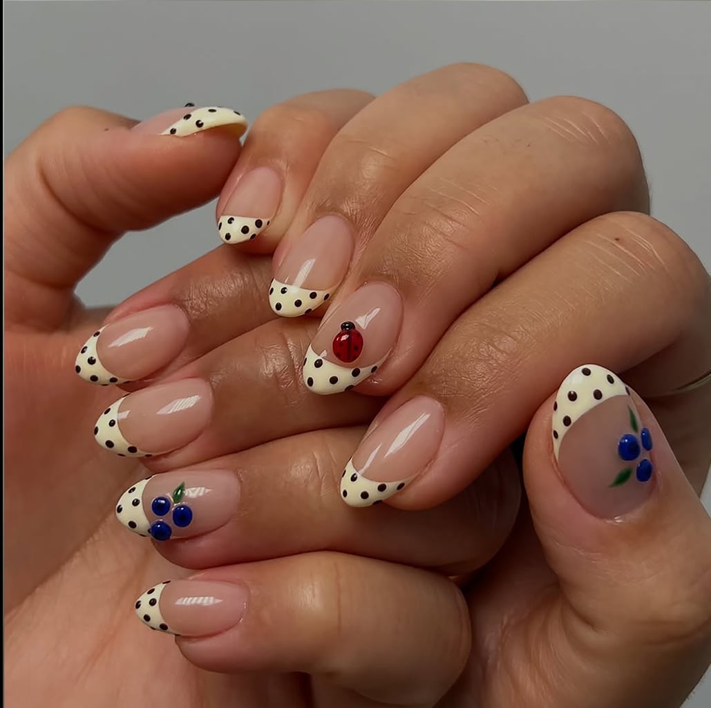 Sheer Black Polka Dot Ladybug Short Almond Nails — Simple Short Nail Art