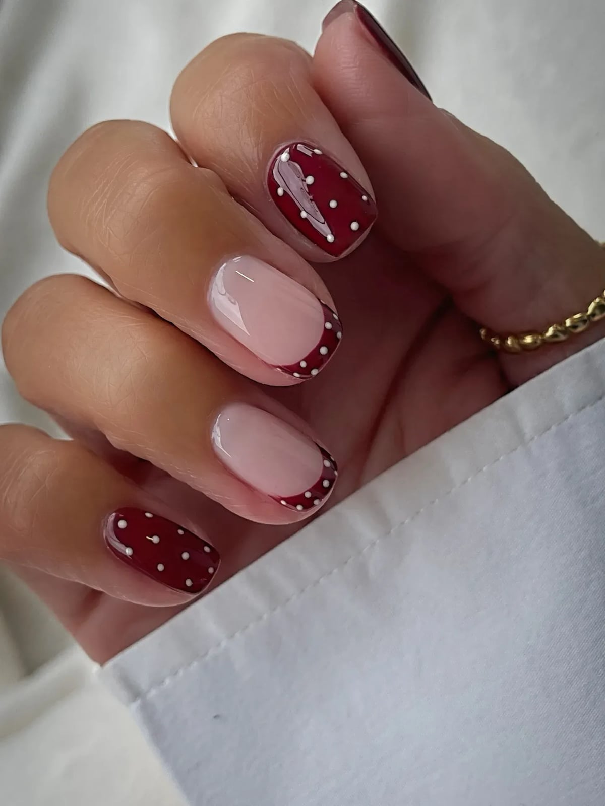 Deep Red White Polka Dot French Tip Short Oval Nails — Simple Short Nail Art