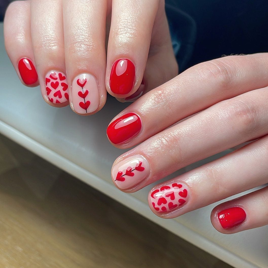 Bright Red Heart Motif Short Oval Nails — Simple Short Nail Art