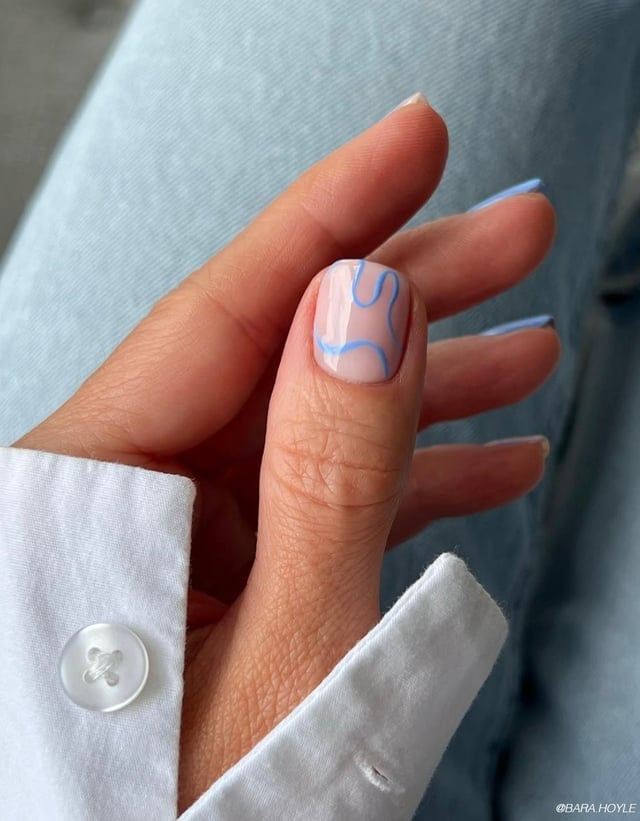 Nude Light Blue Abstract Lines Short Square Nails — Simple Short Nails