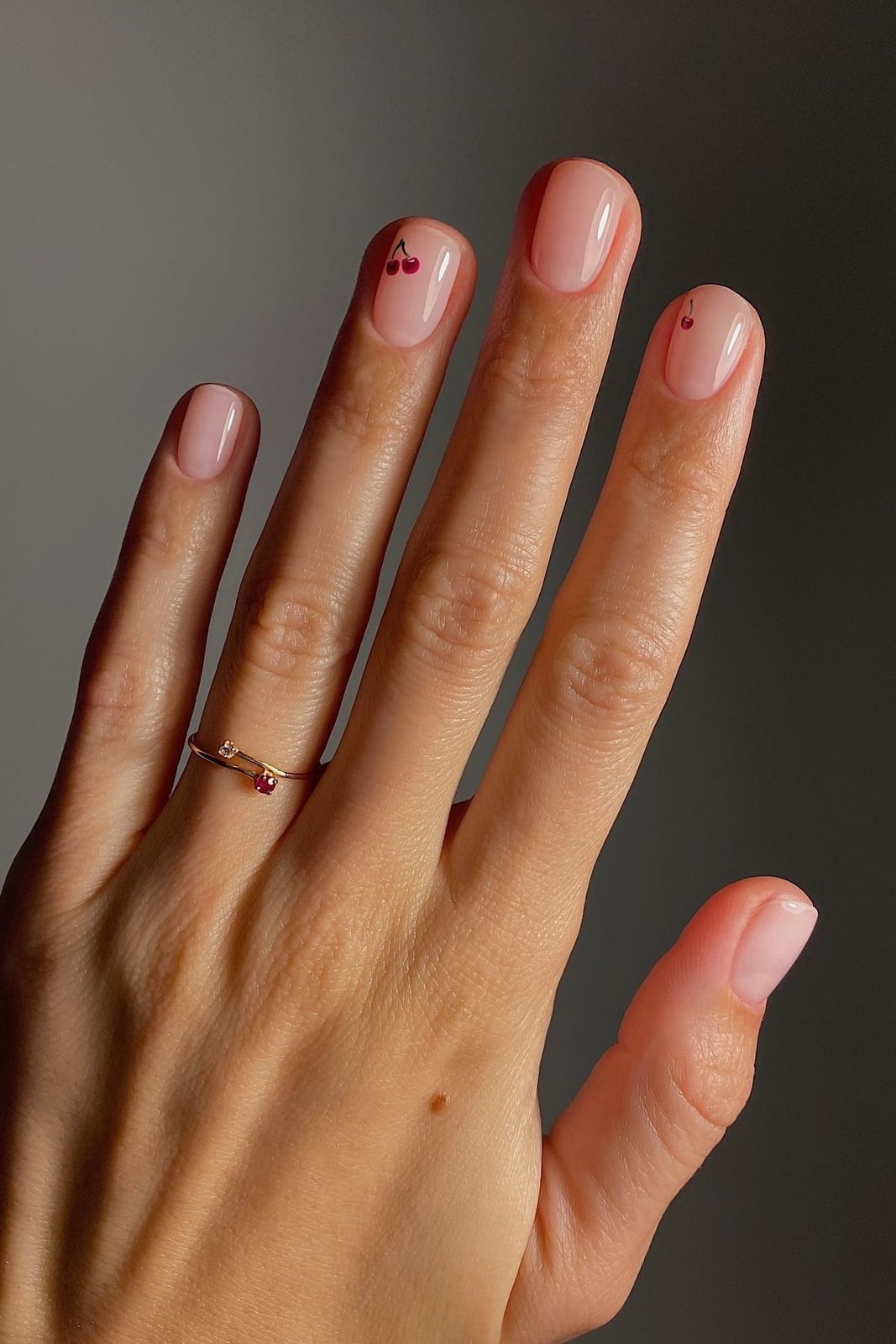 Sheer Pink Tiny Cherry Short Almond Nails — Simple Short Nails