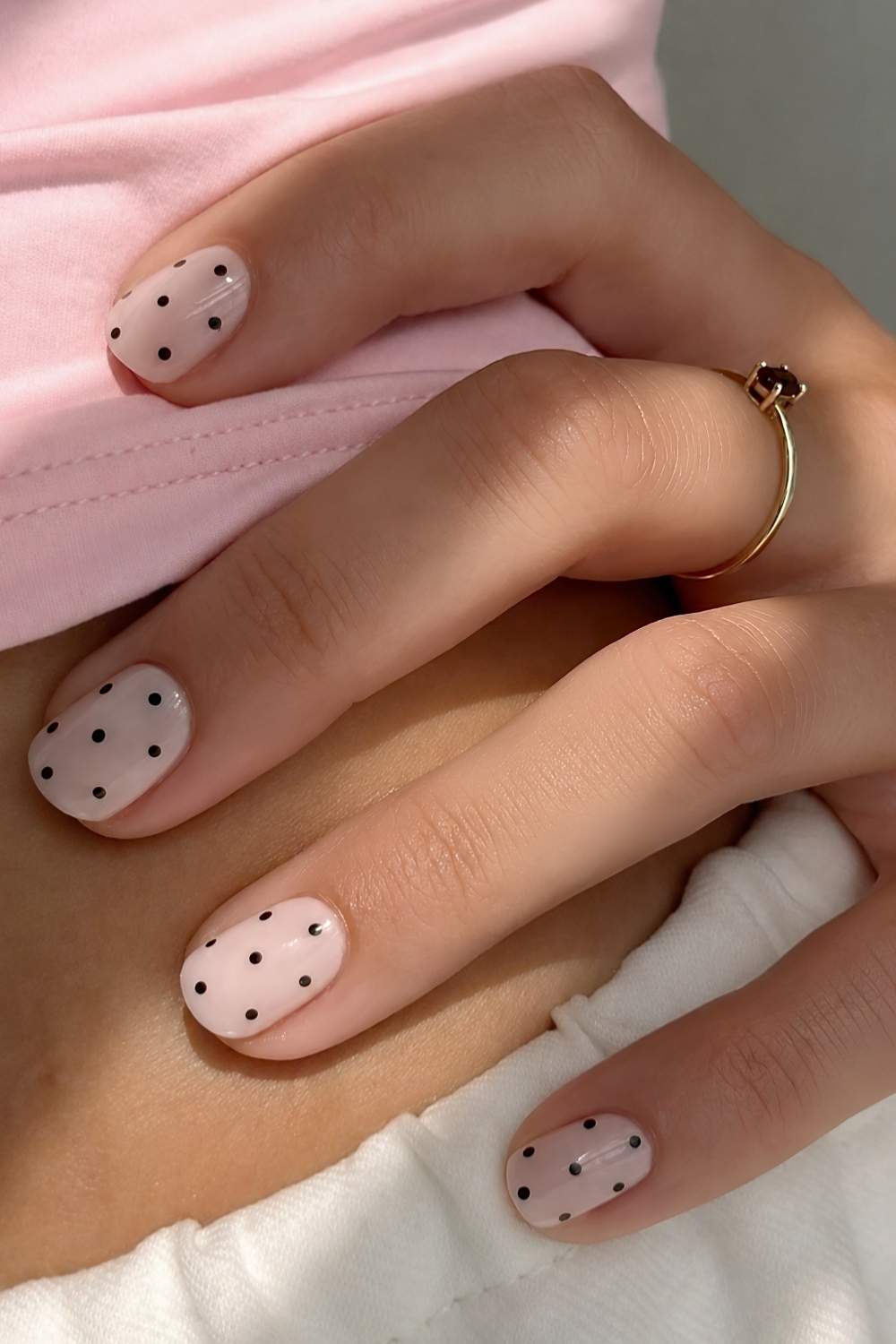 Sheer Pink Black Polka Dot Short Oval Nails — Simple Short Nails