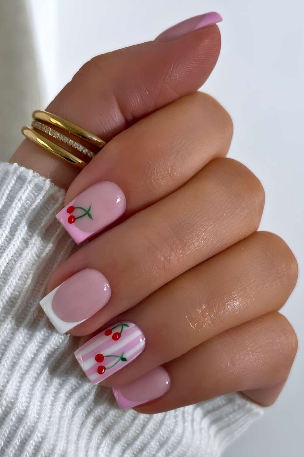 Pink Stripe Cherry Short Square Nails — Simple Short Nails